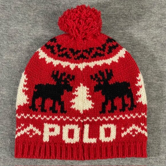 Vintage Polo Ralph Lauren Red USA Flag Moose Knit Wool Pom-Pom Beanie Hat One Sz - Picture 1 of 7